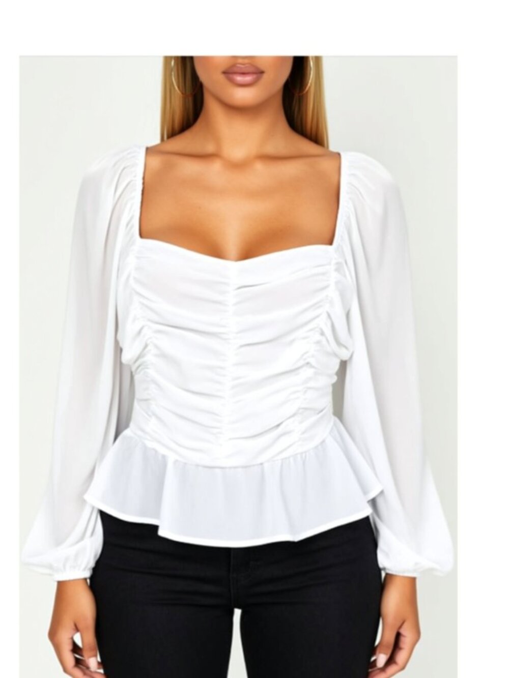 (A18) Shinestar Ivory Smocked Ruched Sheer Balloon Sleeve Crop Top, Medium